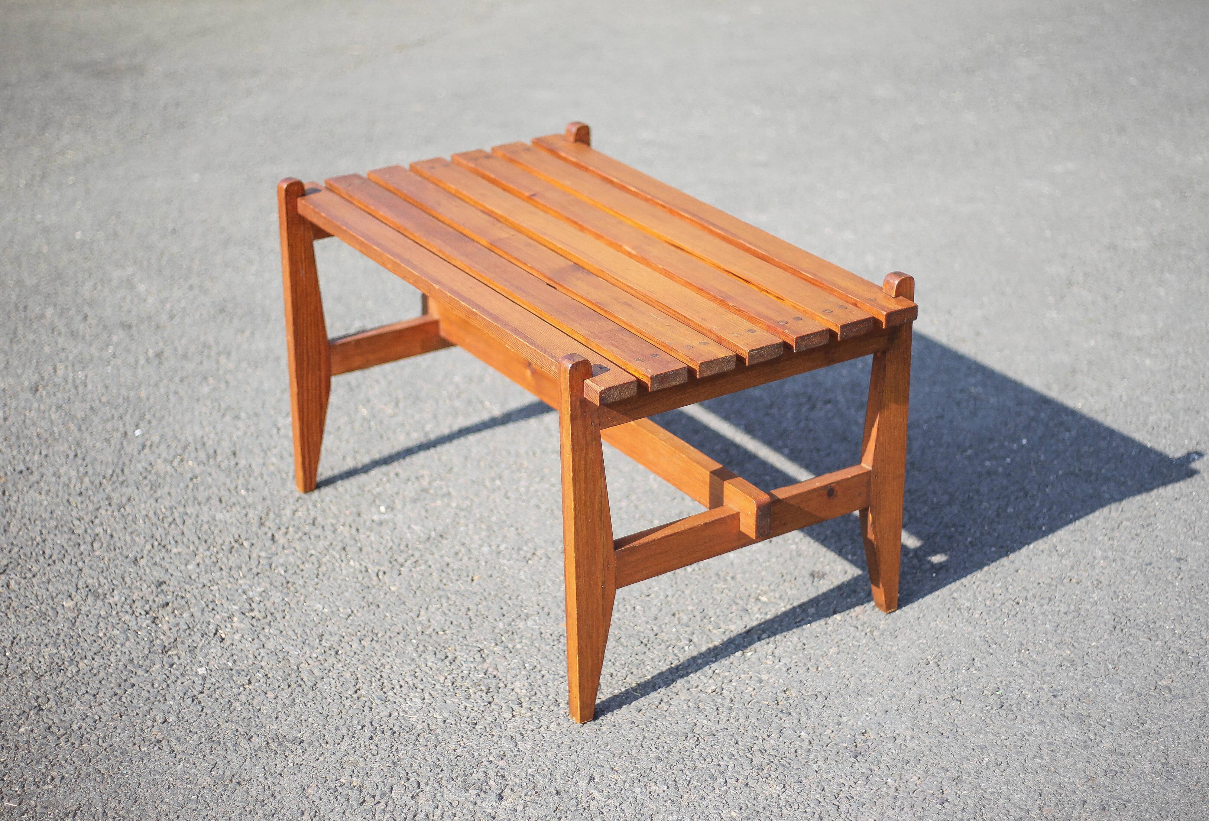 Small bench or table with vintage Scandinavian style wooden slats, wooden bench, wooden coffee table,