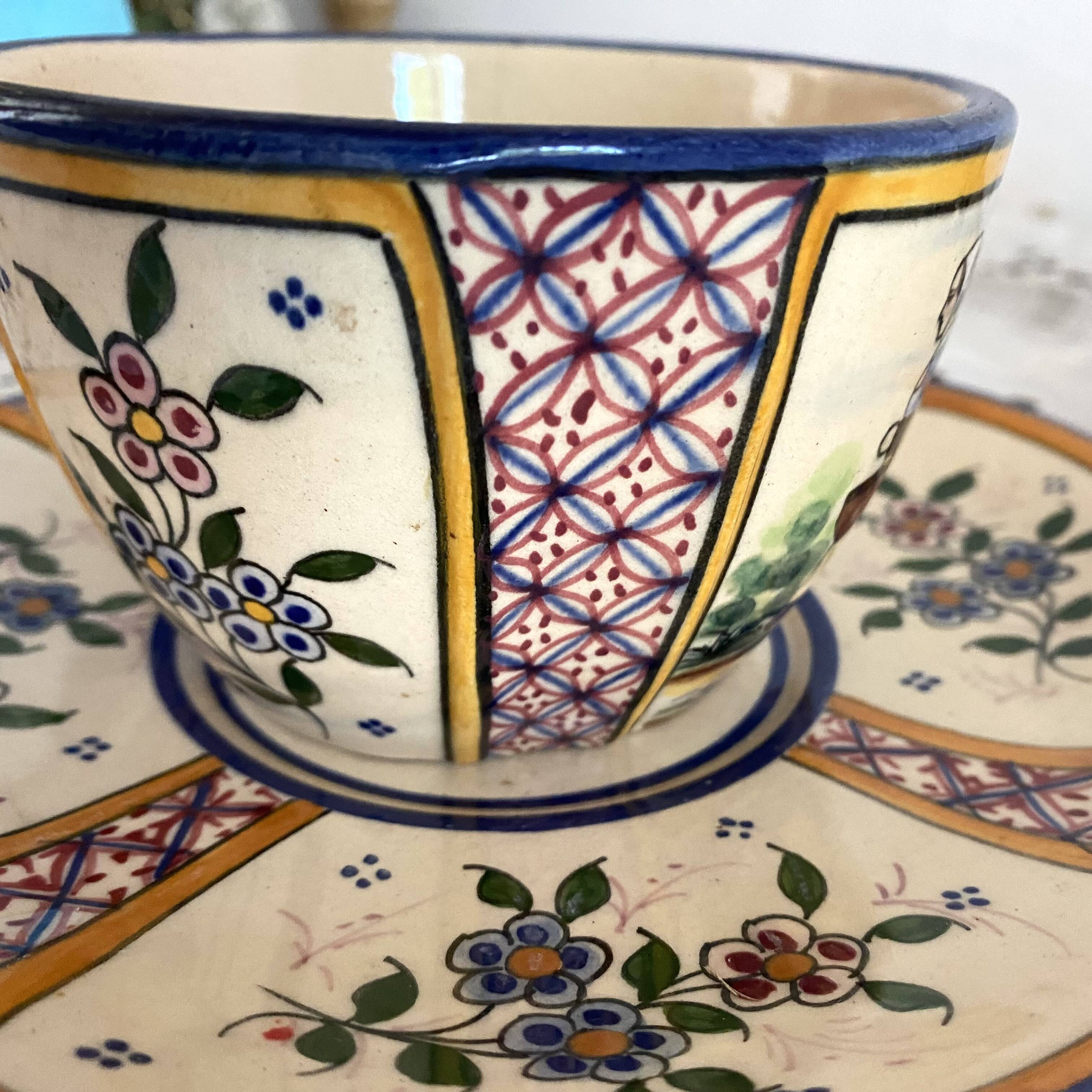 Antique Quimper Henriot earthenware cups and saucers