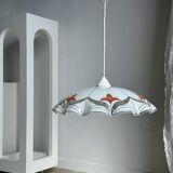 Small vintage chandelier in white and orange glass, geometric patterns D:43
