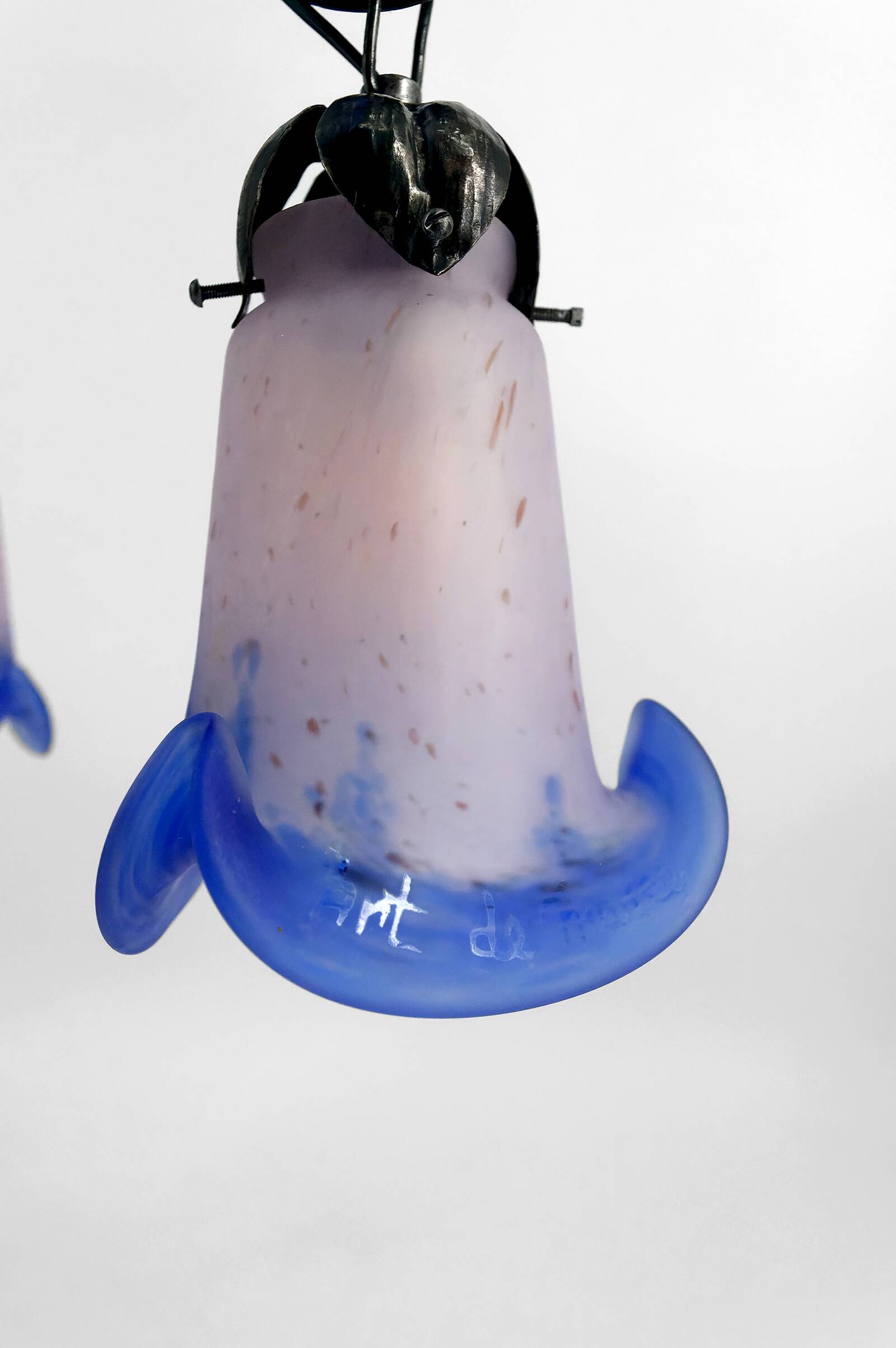 Wrought Iron and Blue Glass Paste Chandelier, Art Deco, France