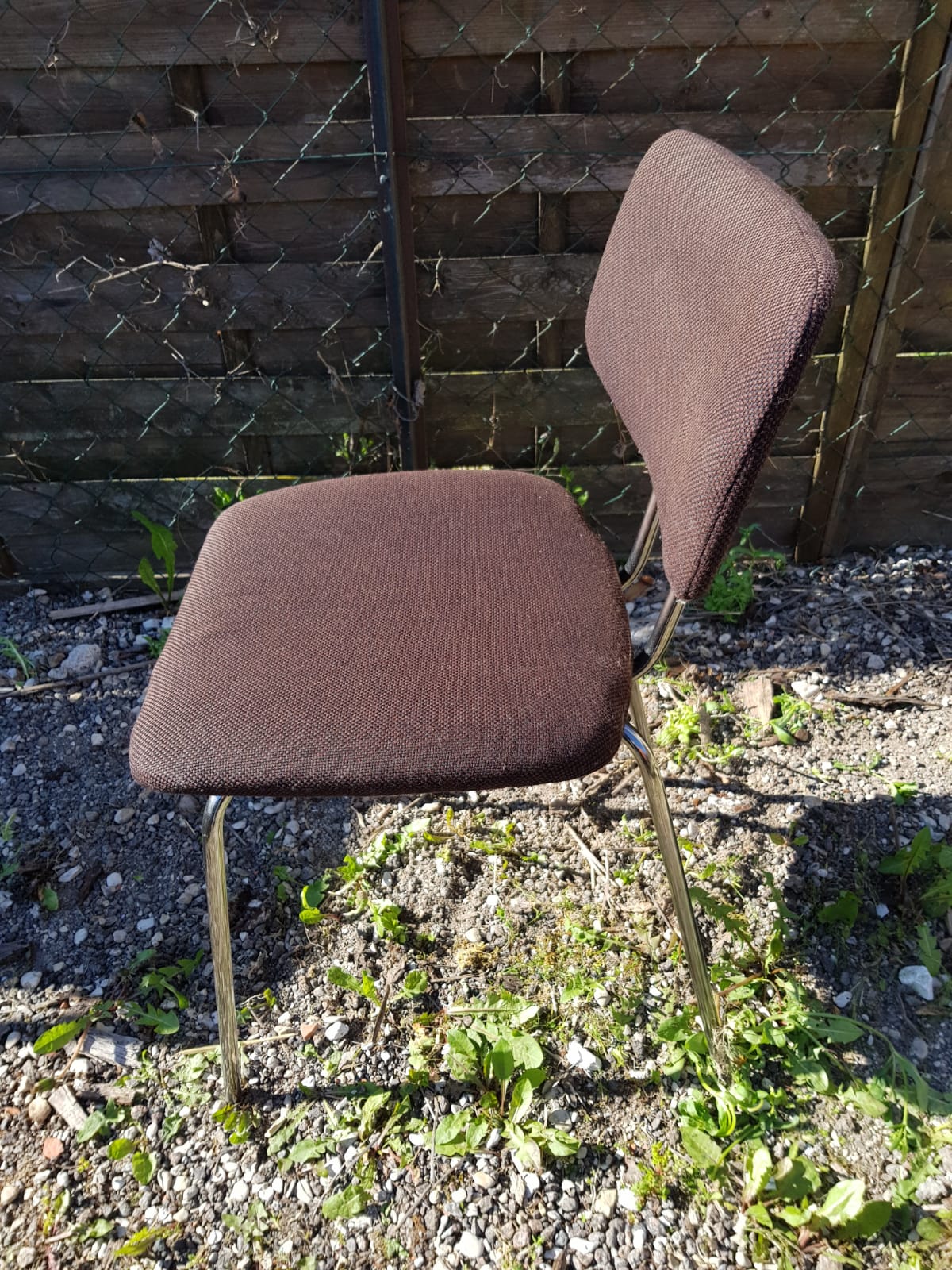 Pair old metal chair chromé - vintage 70s brown fabric