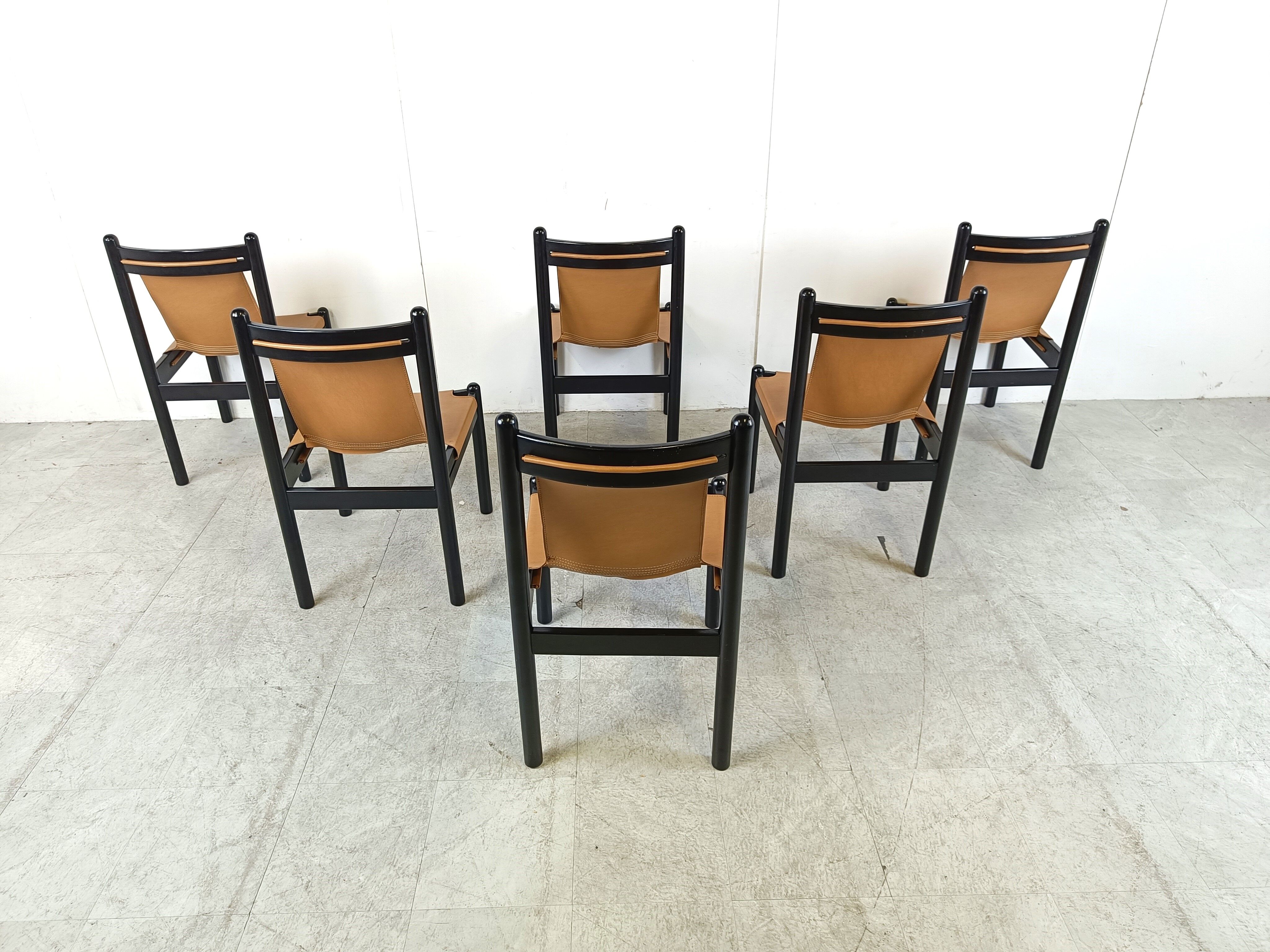 Vintage italian sling leather dining chairs, 1960s