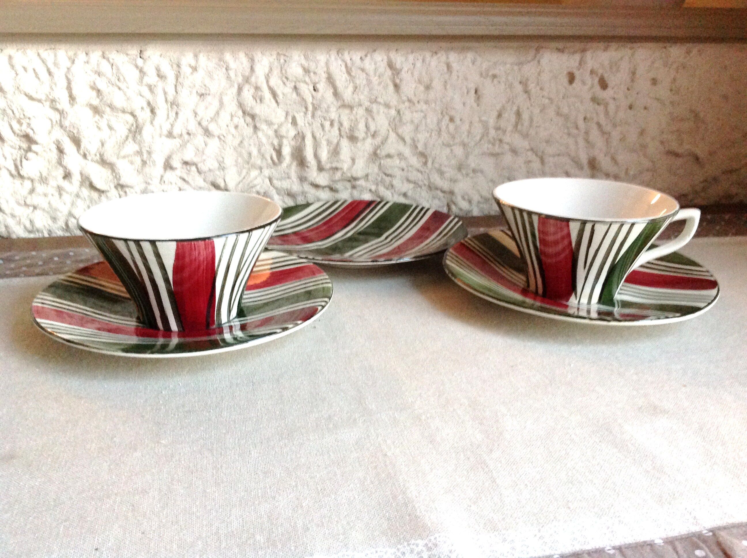 Cups and saucers polychrome Sarreguemines decoration Feria, vintage 30s-50s