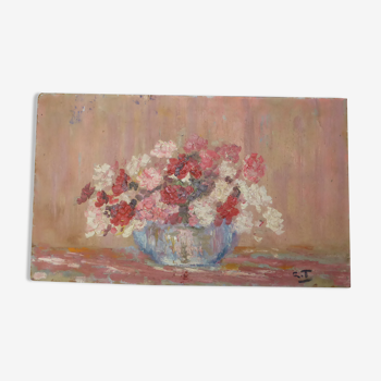 Peinture tableau ancien Bouquet de fleurs en vase sur isorel signé GI-54x32cm