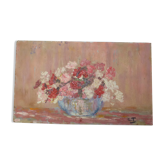 Painting old painting Bouquet of flowers in vase on isorel signed GI-54x32cm