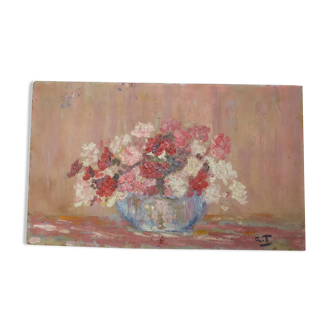 Painting old painting Bouquet of flowers in vase on isorel signed GI-54x32cm