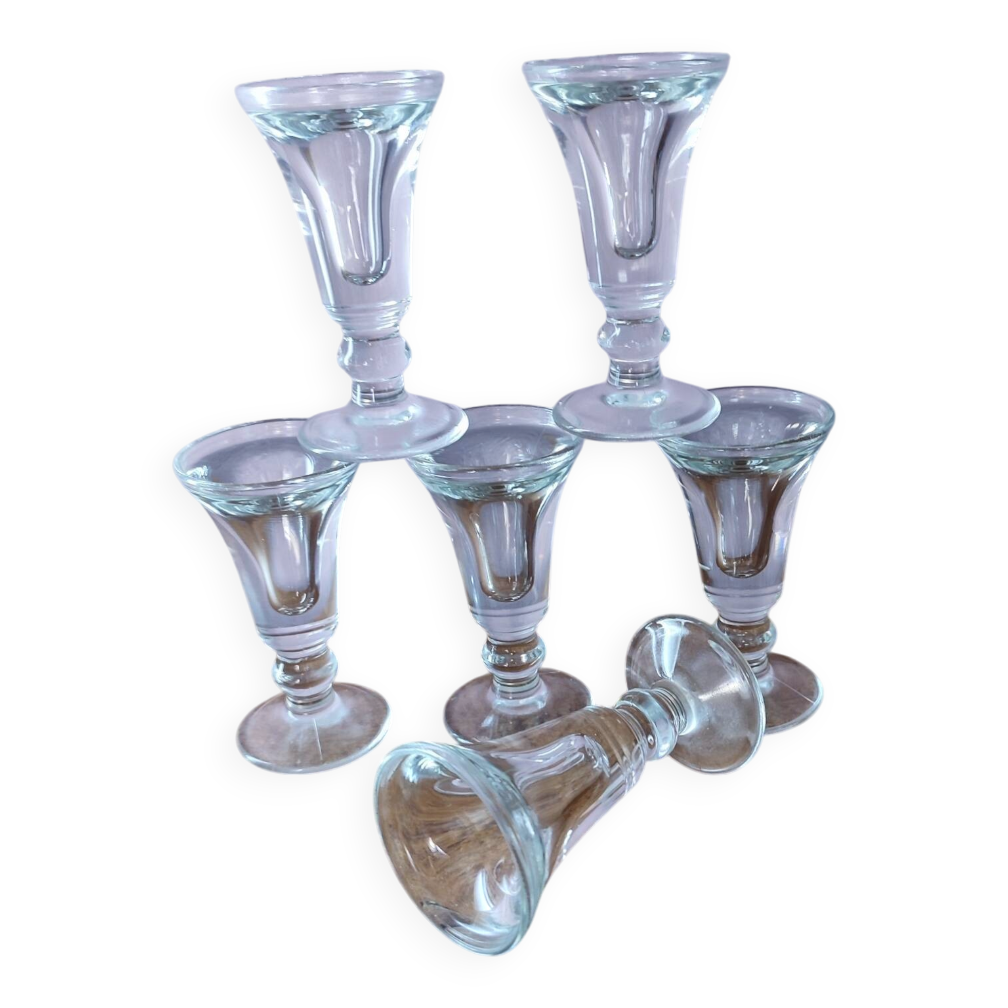 Set of 6 antique glasses known as "false bottom" glasses.