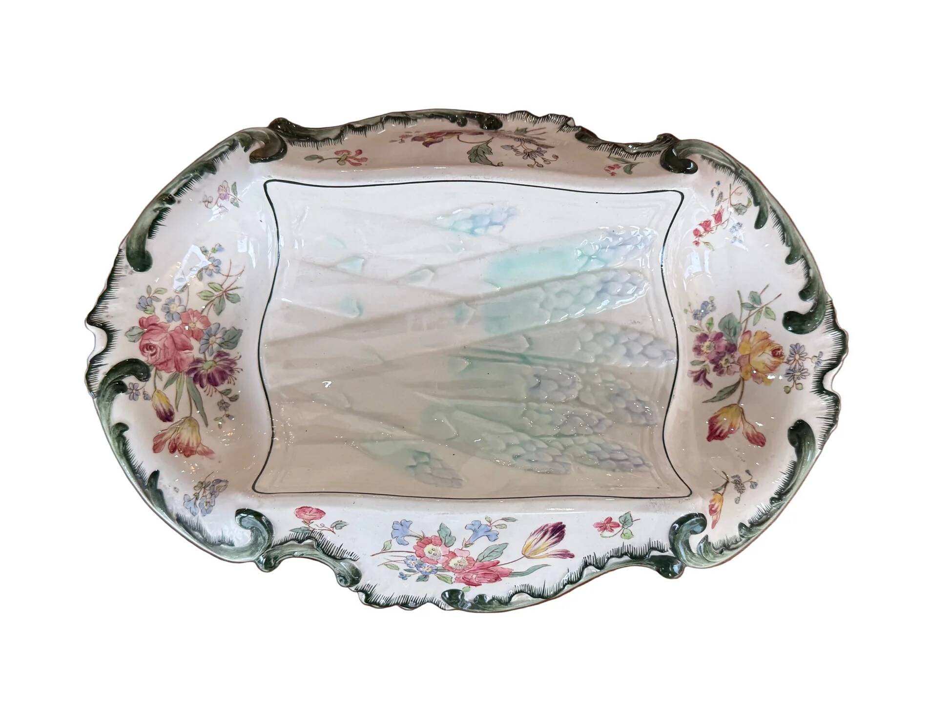 Old Longchamps plate Terre de Fer – Model 1428 – Floral decoration & asparagus in relief – 39 x 23 cm