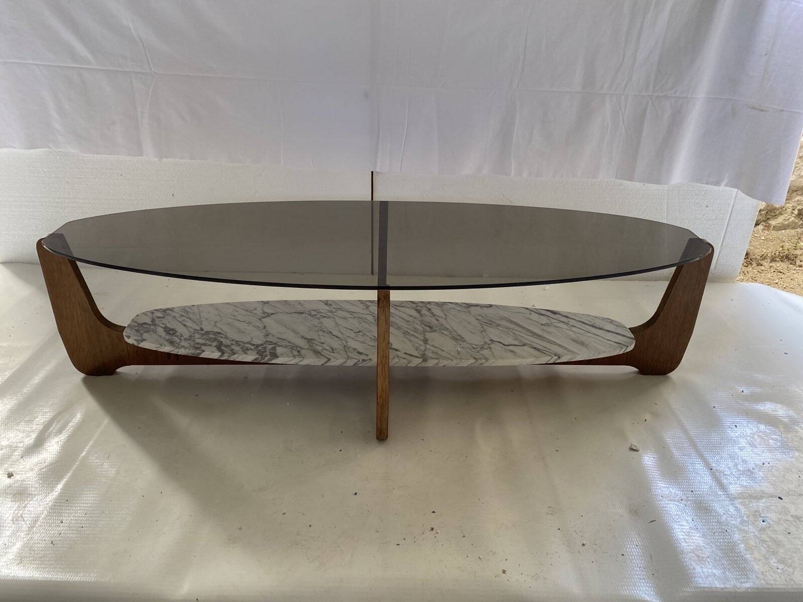 Coffee table with 2 smoked glass tops and grey veined white marble