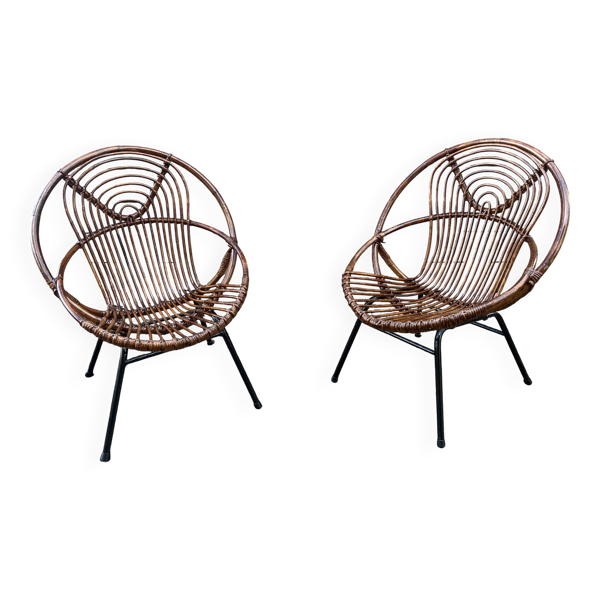 Paire de fauteuils en rotin, pieds métal CIRCA 1950