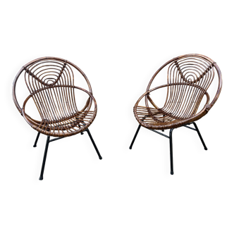 Pair of rattan armchairs, metal legs CIRCA 1950