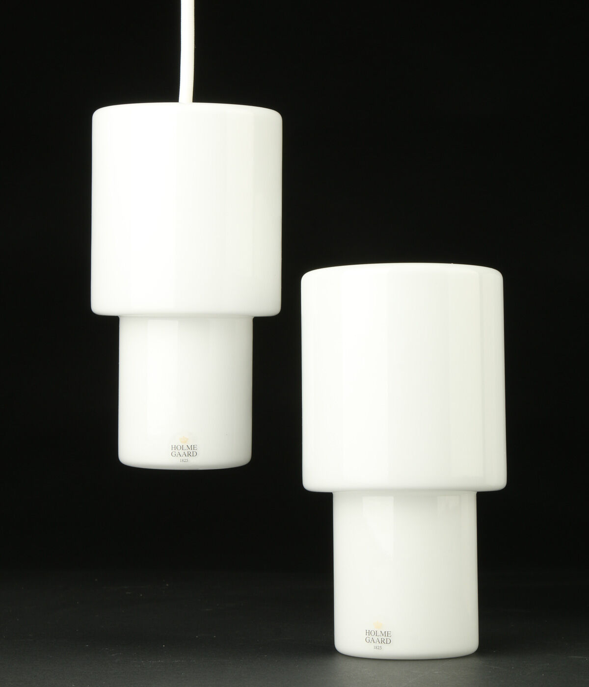 Two Holmegaard pendants, Two-Way model. Mouth-blown opal glass