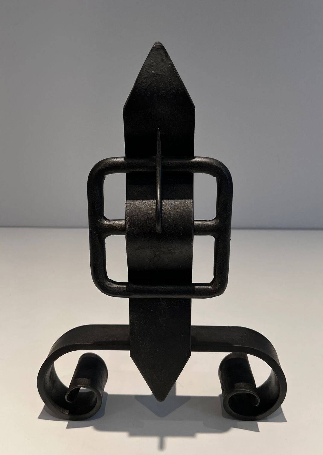 Pair of Wrought Iron Andirons with Obelisk and Belt Motifs