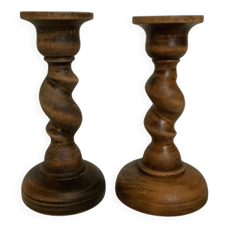 Pair of turned wooden candlesticks