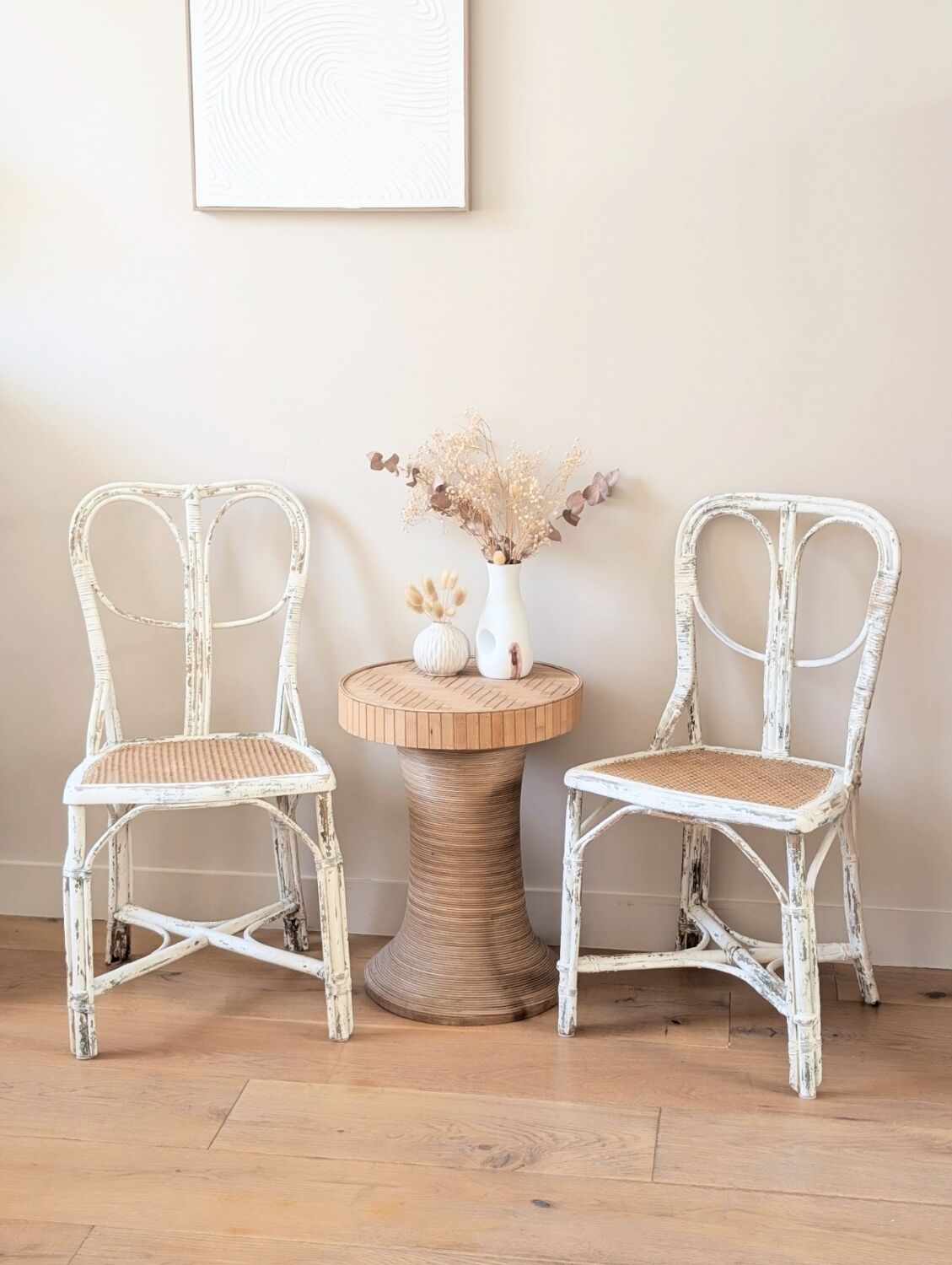Pair of vintage restaurant chairs in rattan