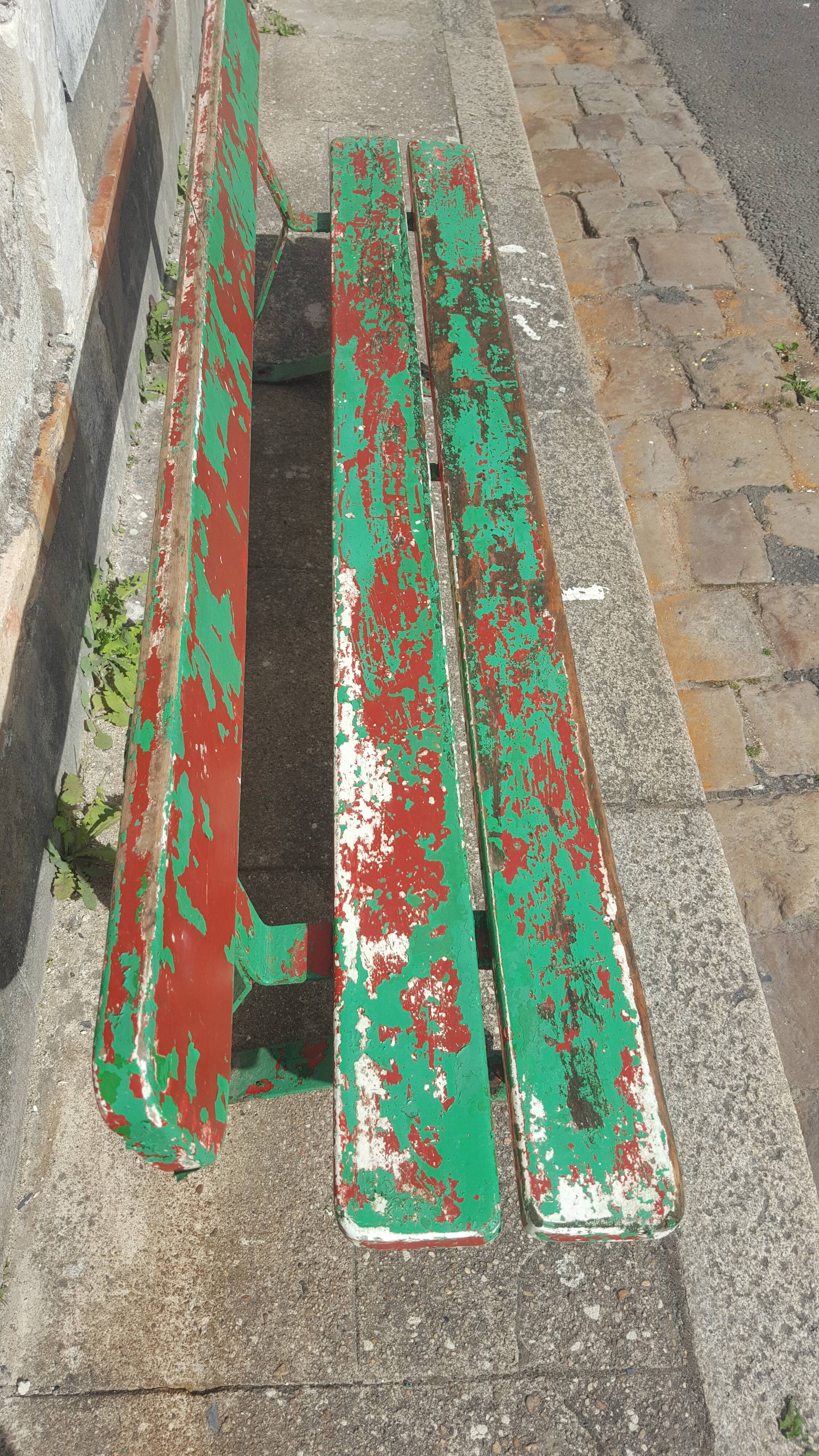 Former school bench patina green red