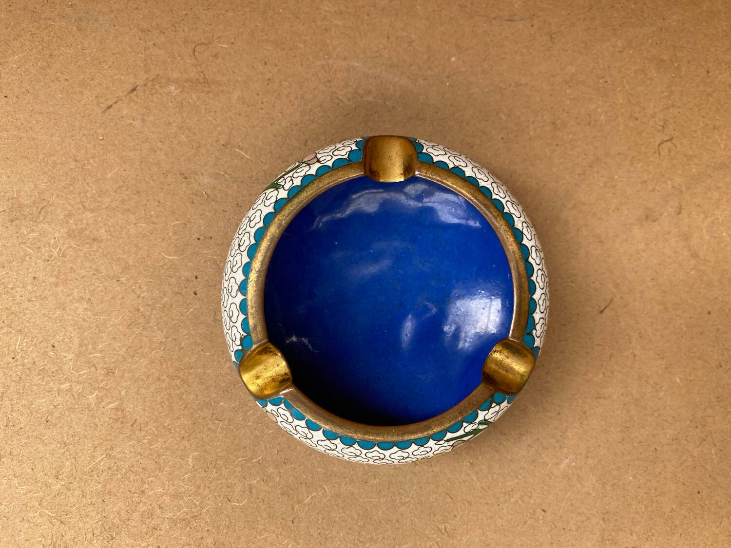 Antique Chinese Bronze Cloisonne Enamel Ashtray Vintage Flower Pattern