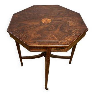 Antique Edwardian Inlaid Octagonal Rosewood Hall Table / Flower Side Table