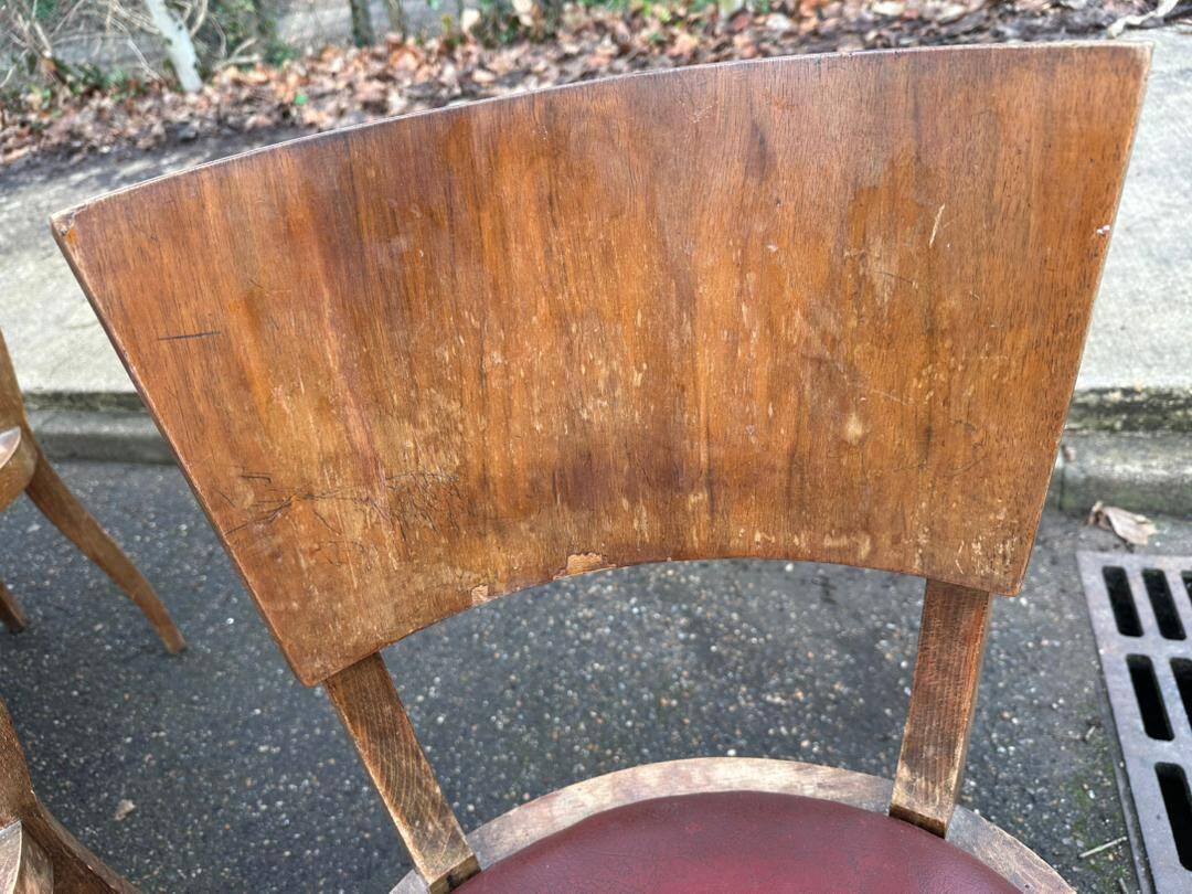 6 Art Deco gondola chairs in solid oak with burgundy leatherette, 1940.