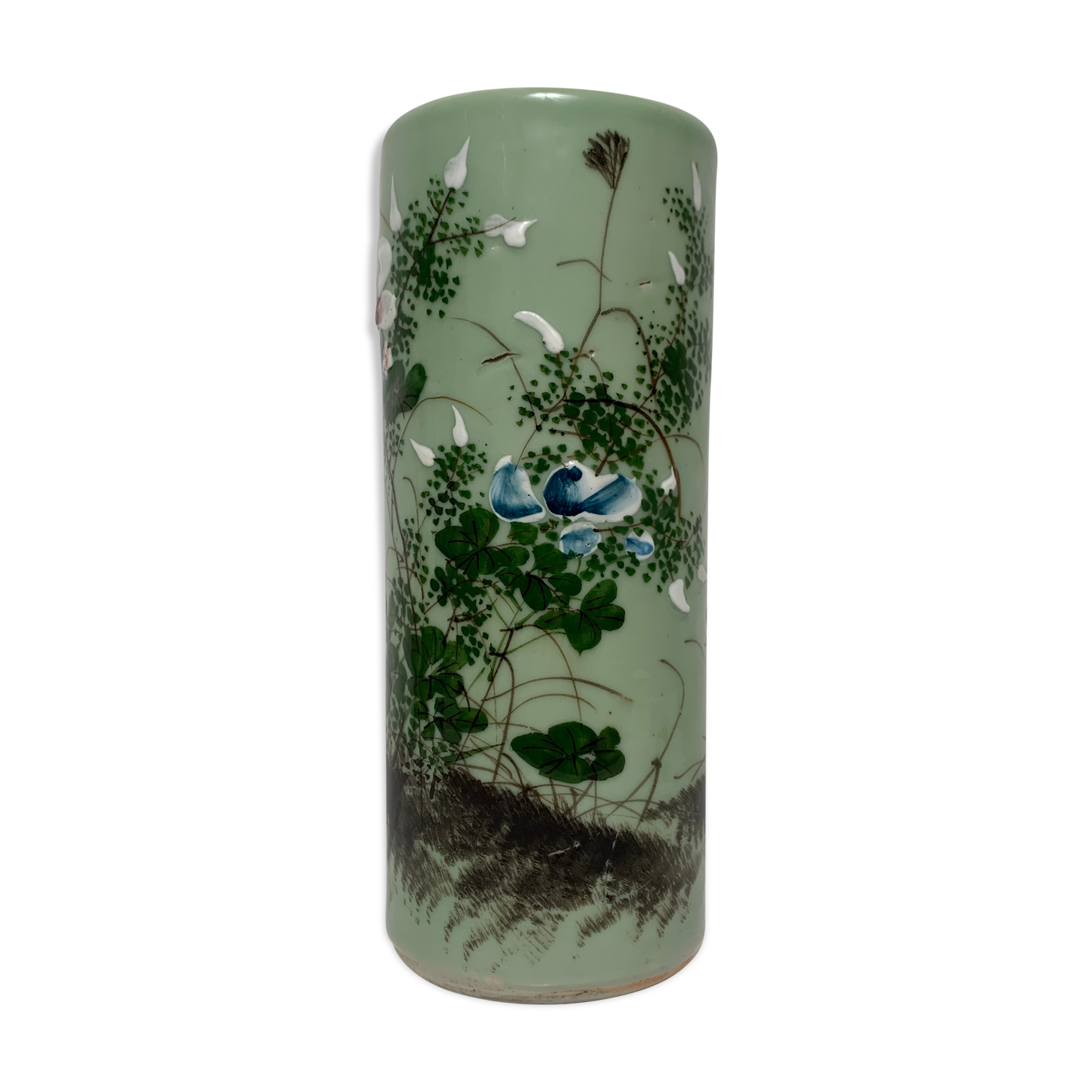 Ancient Japanese roll vase Celadon Seto 19th flower decoration