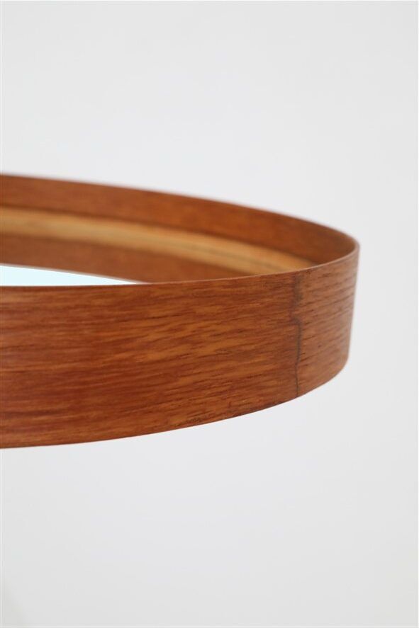Rare round "#103" wall mirror / teak, leather, brass / by Glas Mäster, Markaryd, Sweden / 1960s / 1970s / Mid-Century Modern Design
