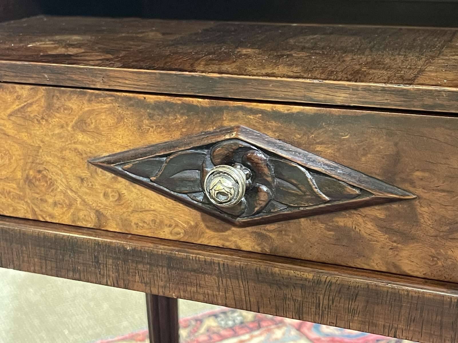 Art Deco bedside table in rosewood, walnut burl, and marble top.