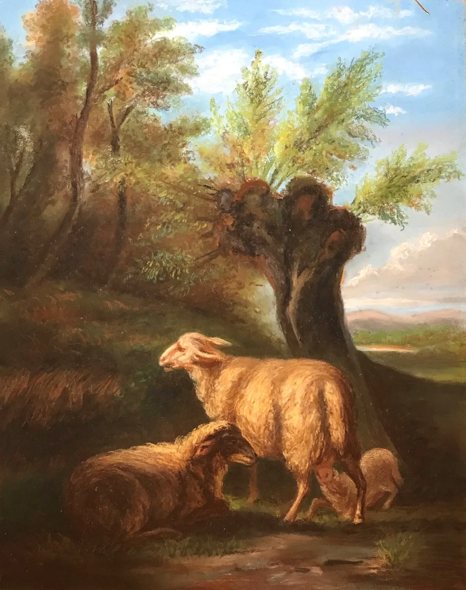 French school, pastel animated landscape with sheep from the early 20th century.