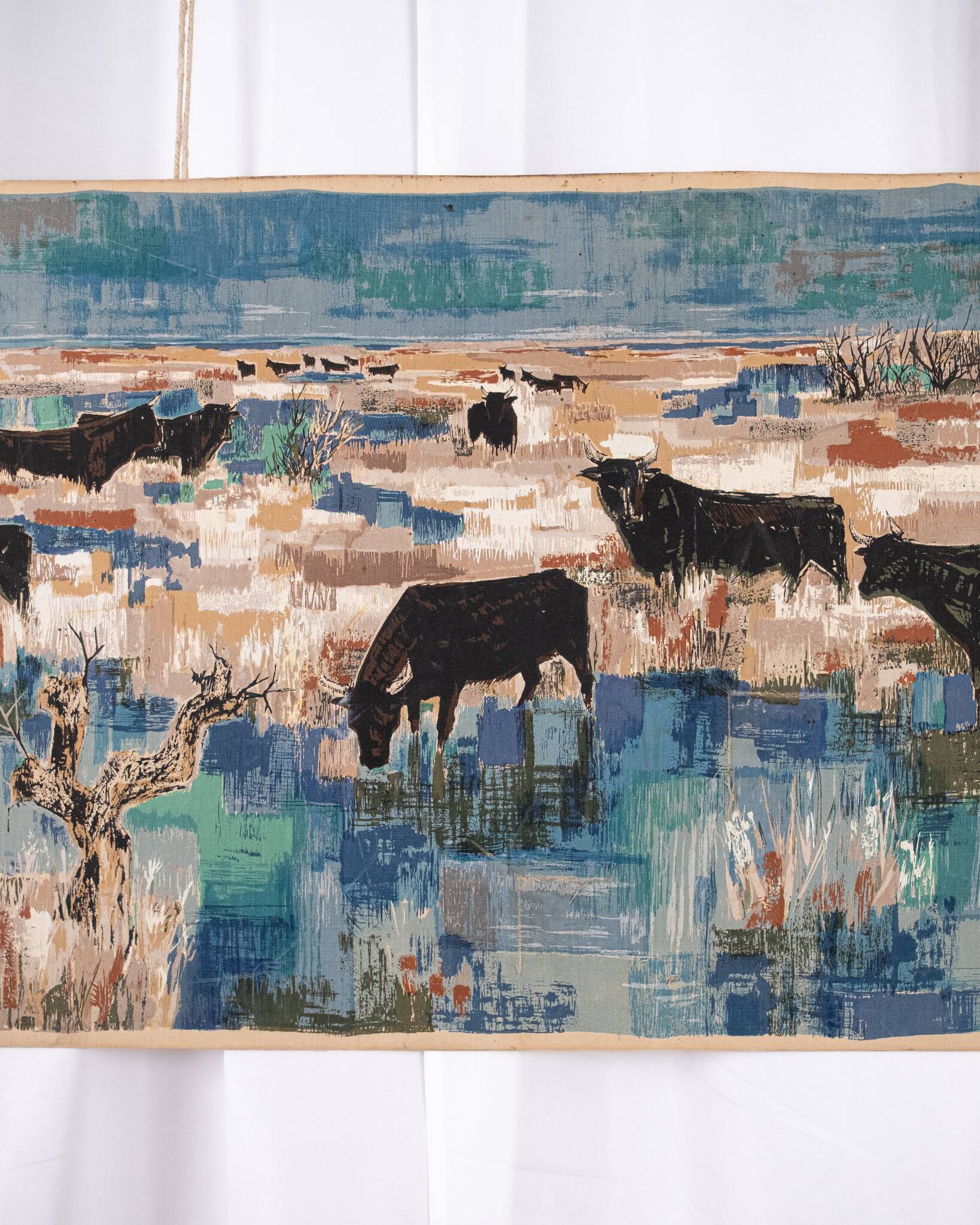 Printed wall tapestry, Bulls in Camargue, Robert Debiève, France