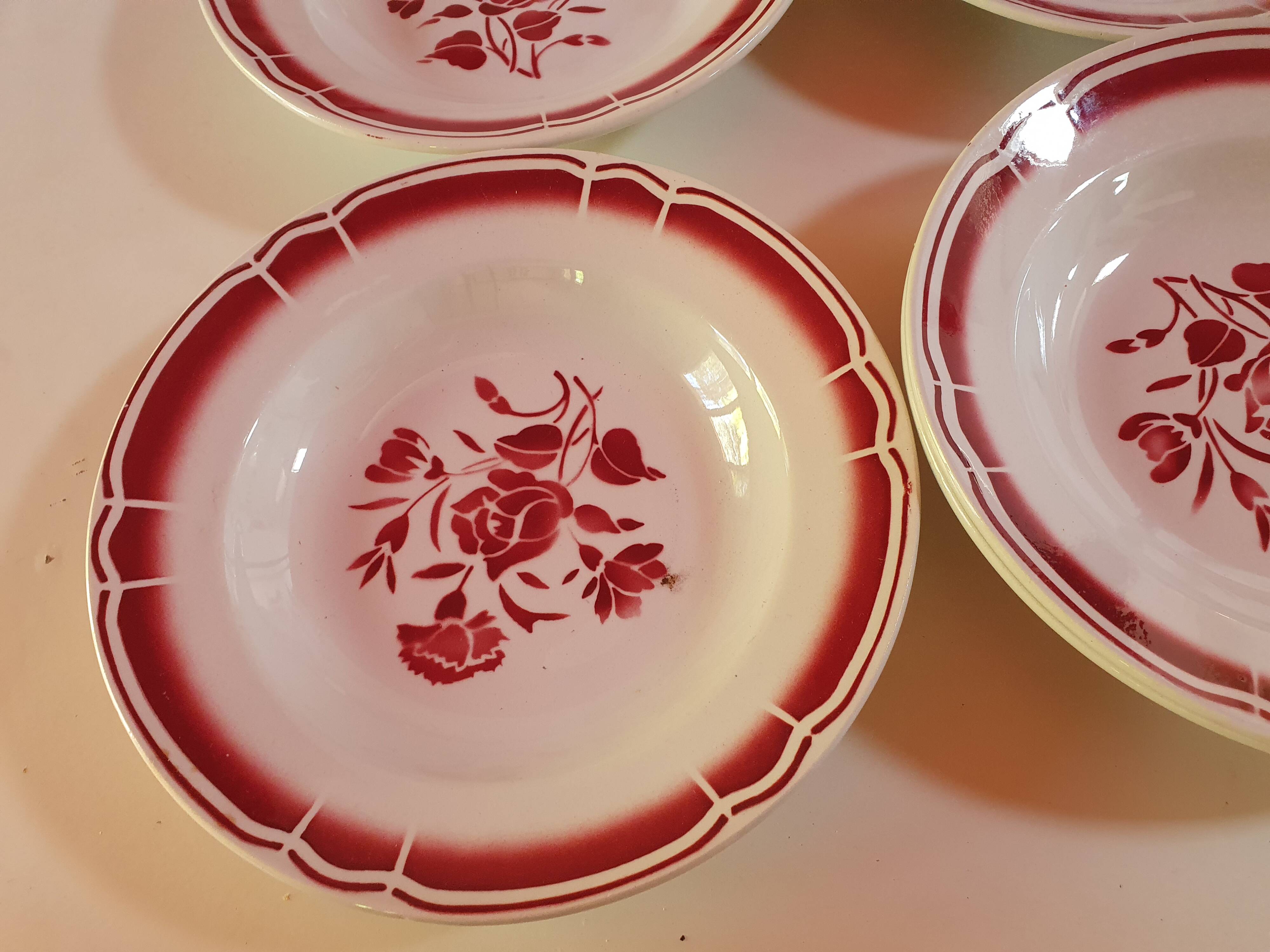 set of 11 vintage soup plates with red flowers