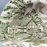 6 french ceramic luneville soup plates, green and ivory