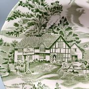 6 french ceramic luneville soup plates, green and ivory