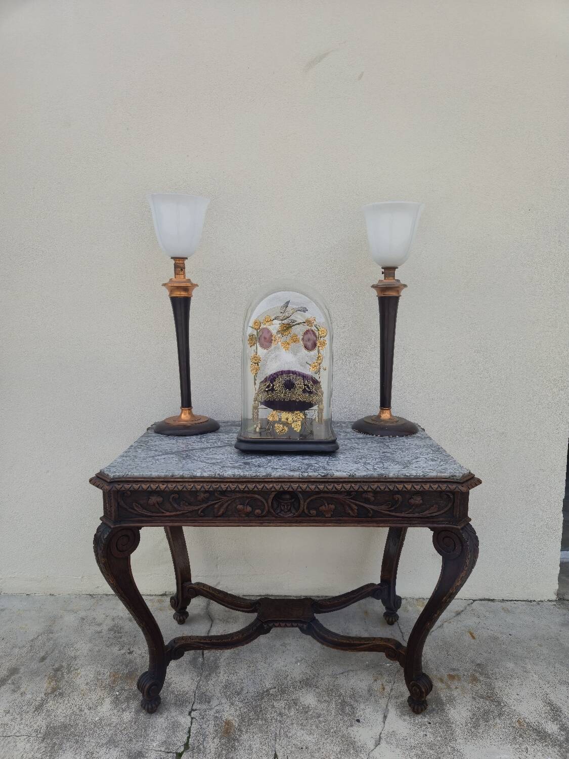 Louis XV style game table in solid oak and richly decorated marble