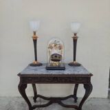 Louis XV style game table in solid oak and richly decorated marble