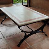 Character coffee table in stone marquetry and black metal.
