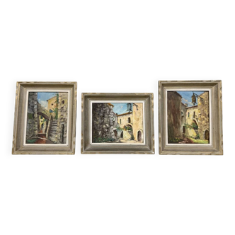 J. Baracco: three oils on panel, streets of the South of France around 1940