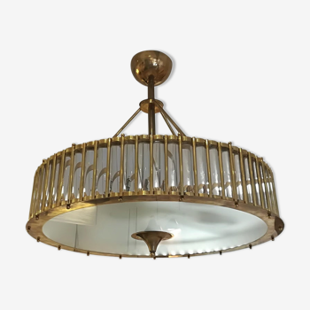 Brass chandelier, frosted glass bottom and crystal inserts around