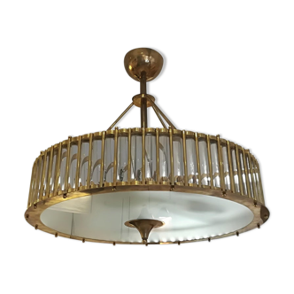 Brass chandelier, frosted glass bottom and crystal inserts around