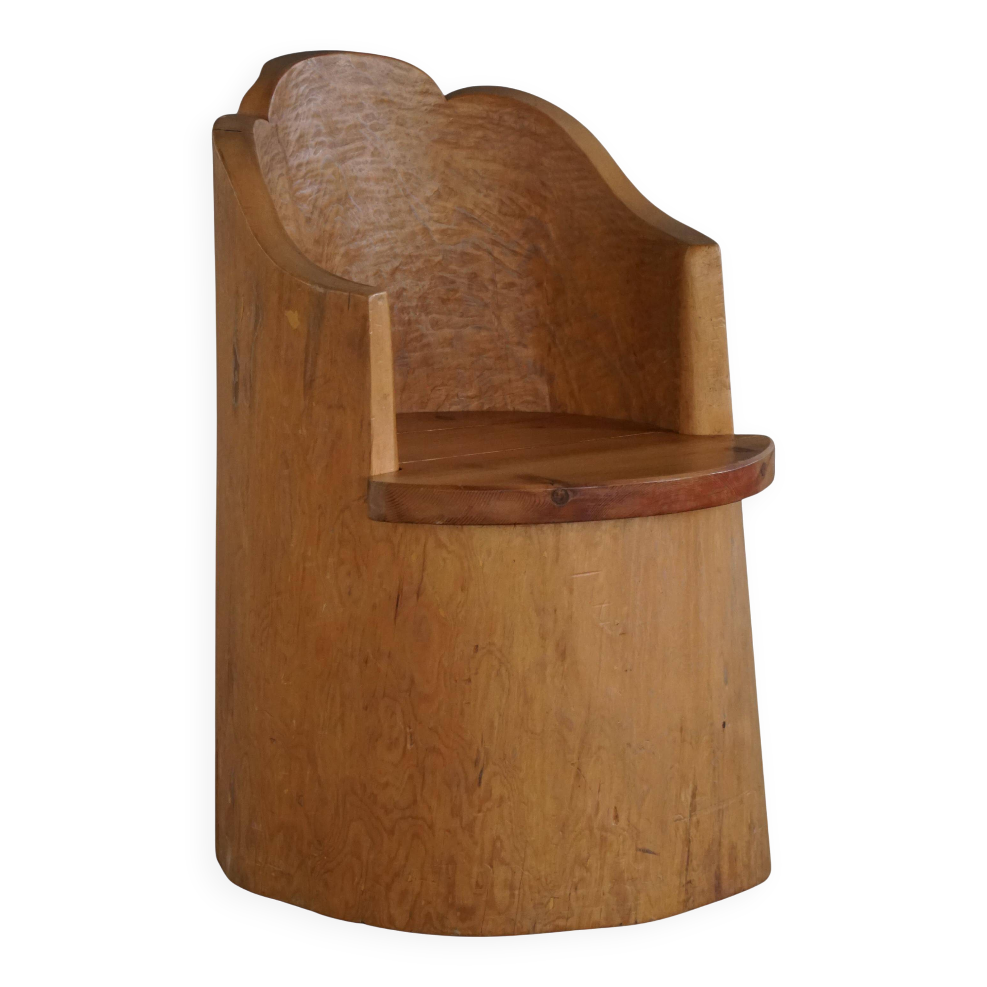 Fauteuil Stump Moderne en Pin Massif, par un Ébéniste Suédois, Wabi Sabi, années 1960