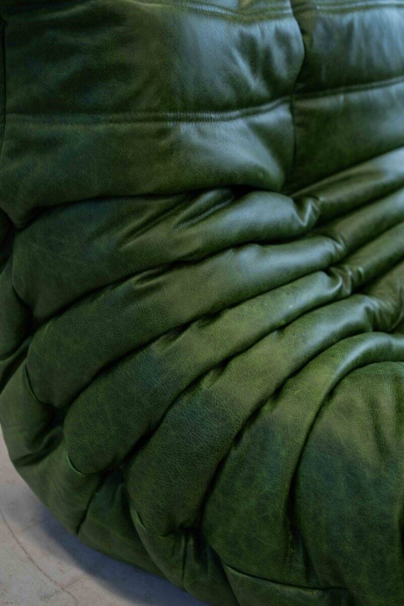 Togo chaise lounge in green leather attributed to Michel Ducaroy for Ligne Roset, 1974