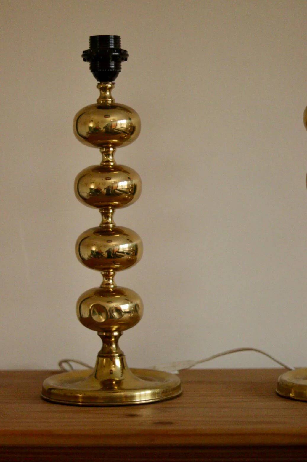 Pair of tall mid-century Swedish brass bobbin lamps by Aneta