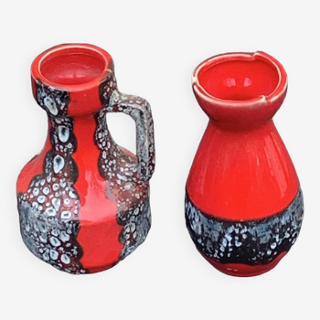 Lot de deux vases  en céramique émaillée rouge et grise, style Vallauris