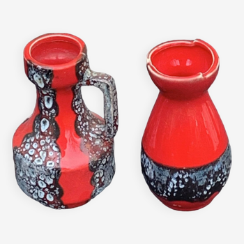 Set of two vases, soliflores in designer red and gray enameled ceramic, Vallauris style
