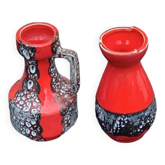 Set of two vases, soliflores in designer red and gray enameled ceramic, Vallauris style