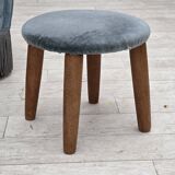 1970s, Danish armchair with footstool, blue furniture velour, oak wood legs