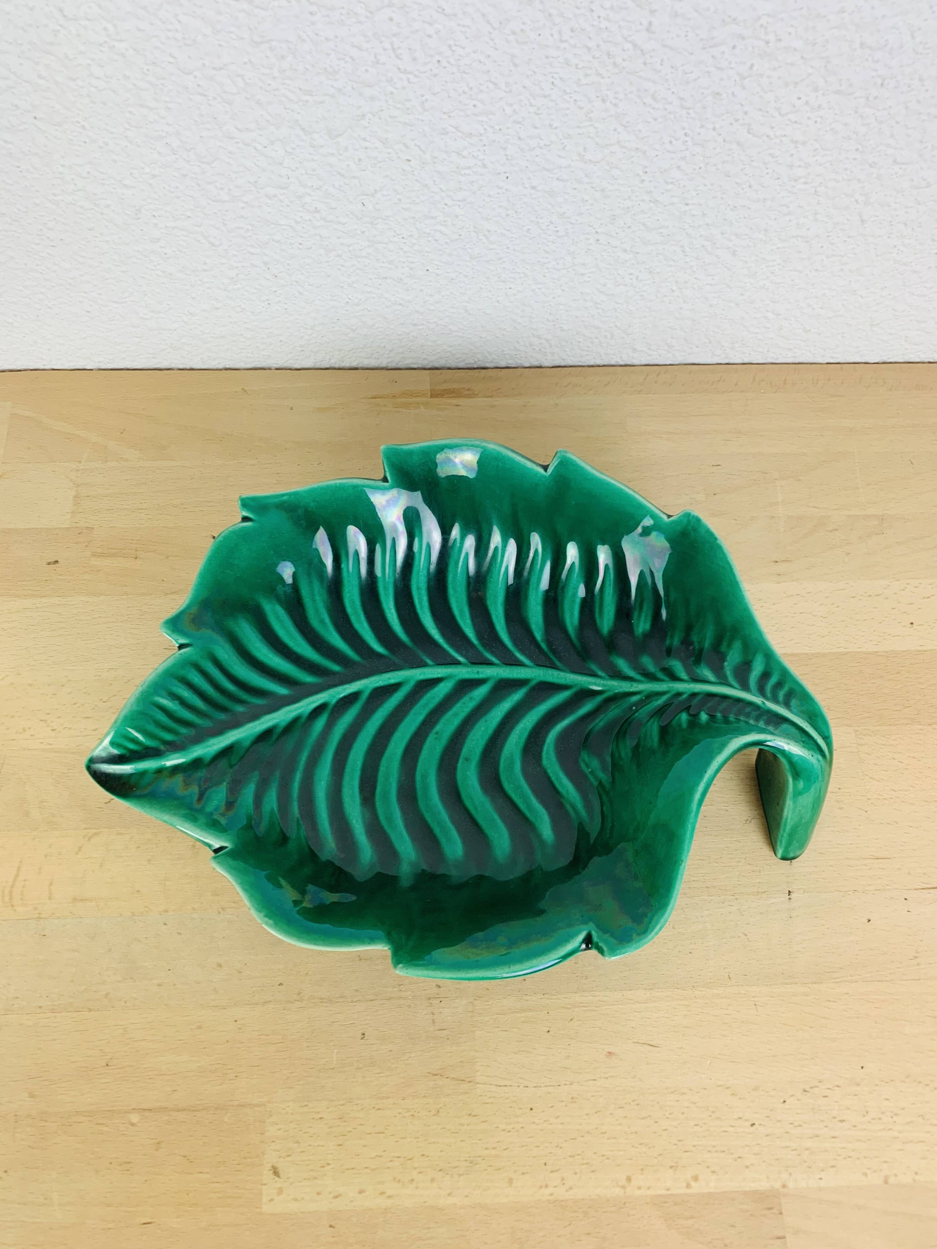 Ceramic cup signed CAB, green leaf, 1950s, slip