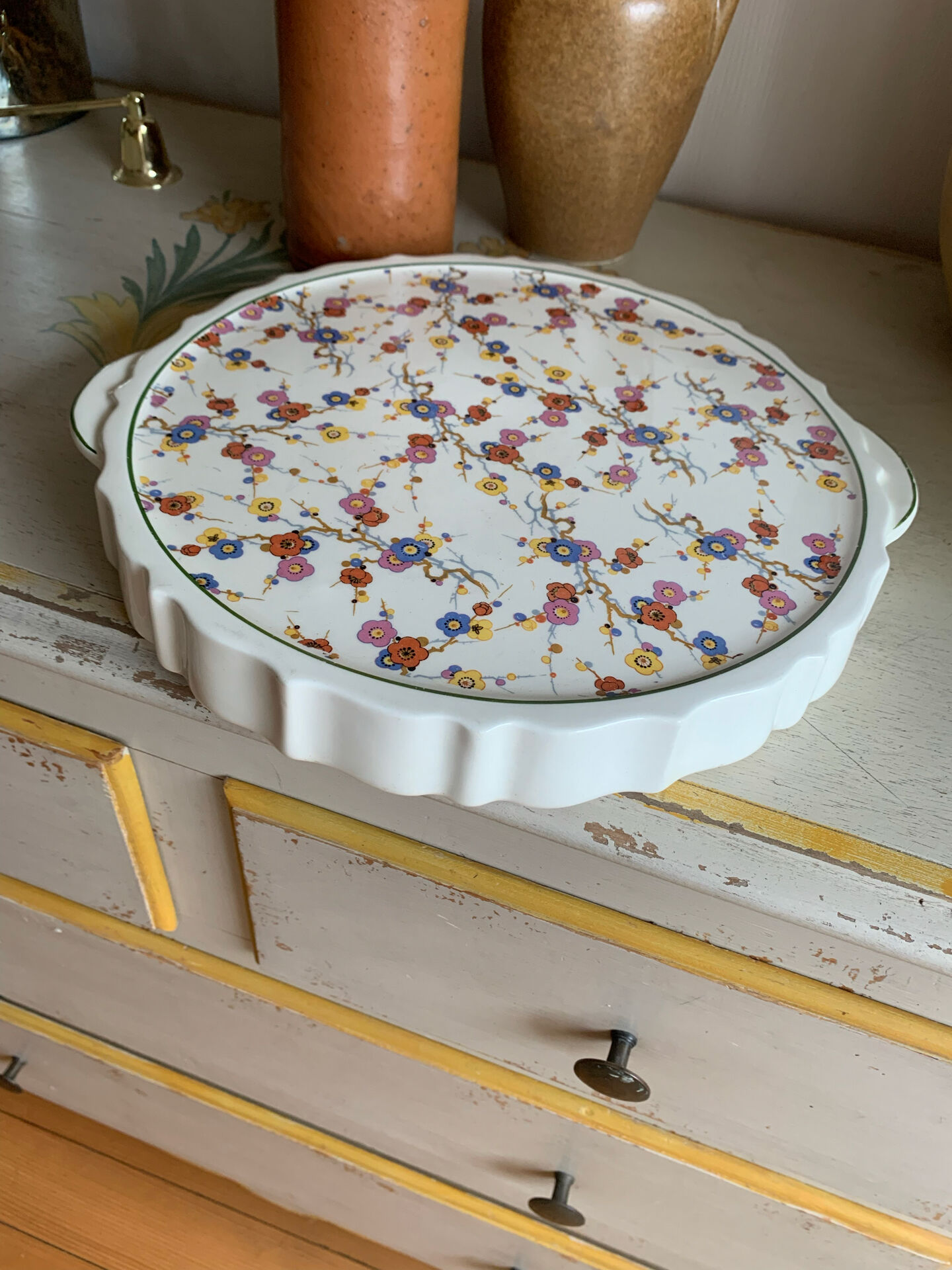 Vintage pie dish in earthenware with handles – Japanese floral pattern