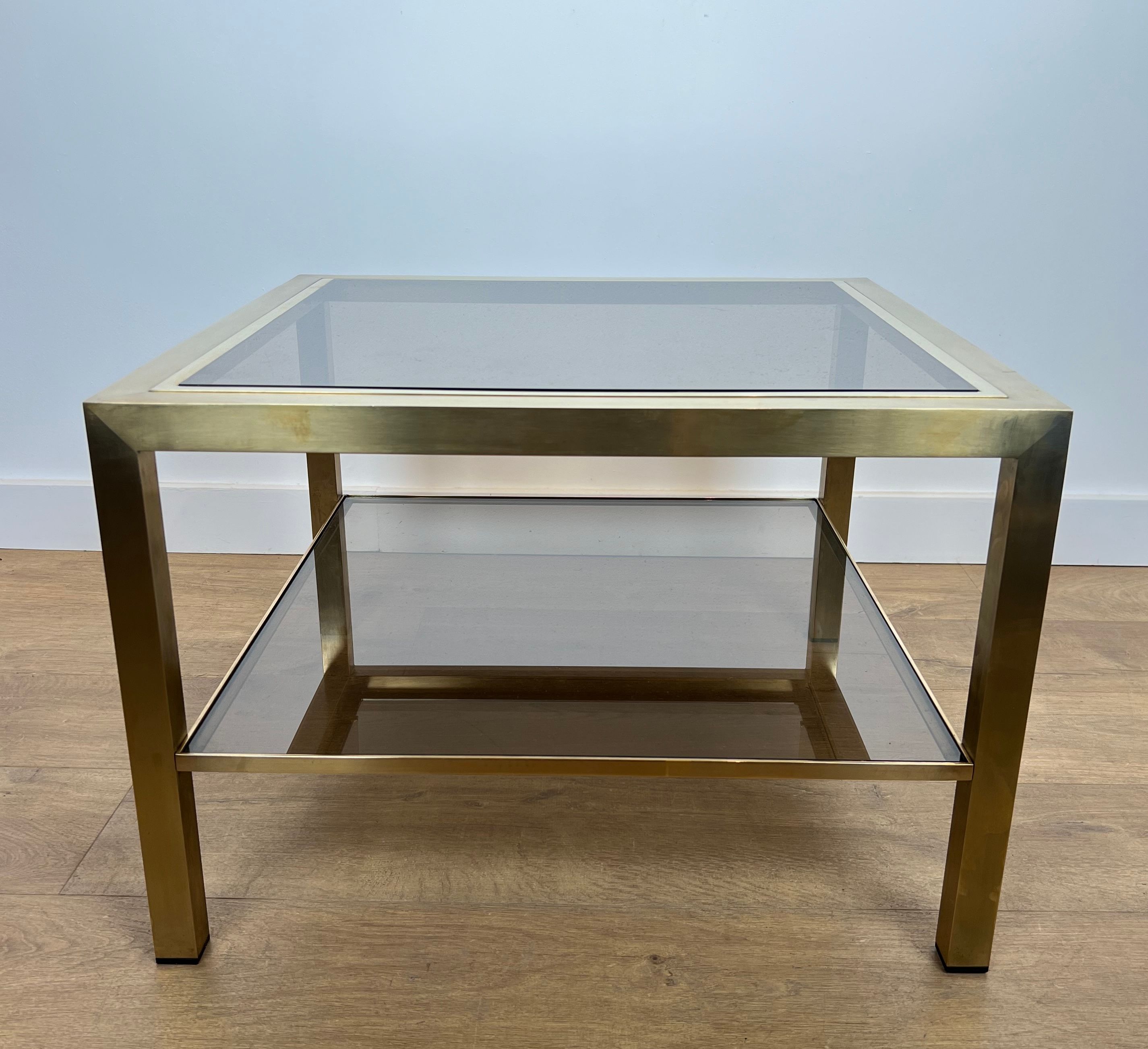 Pair of large square brass side tables