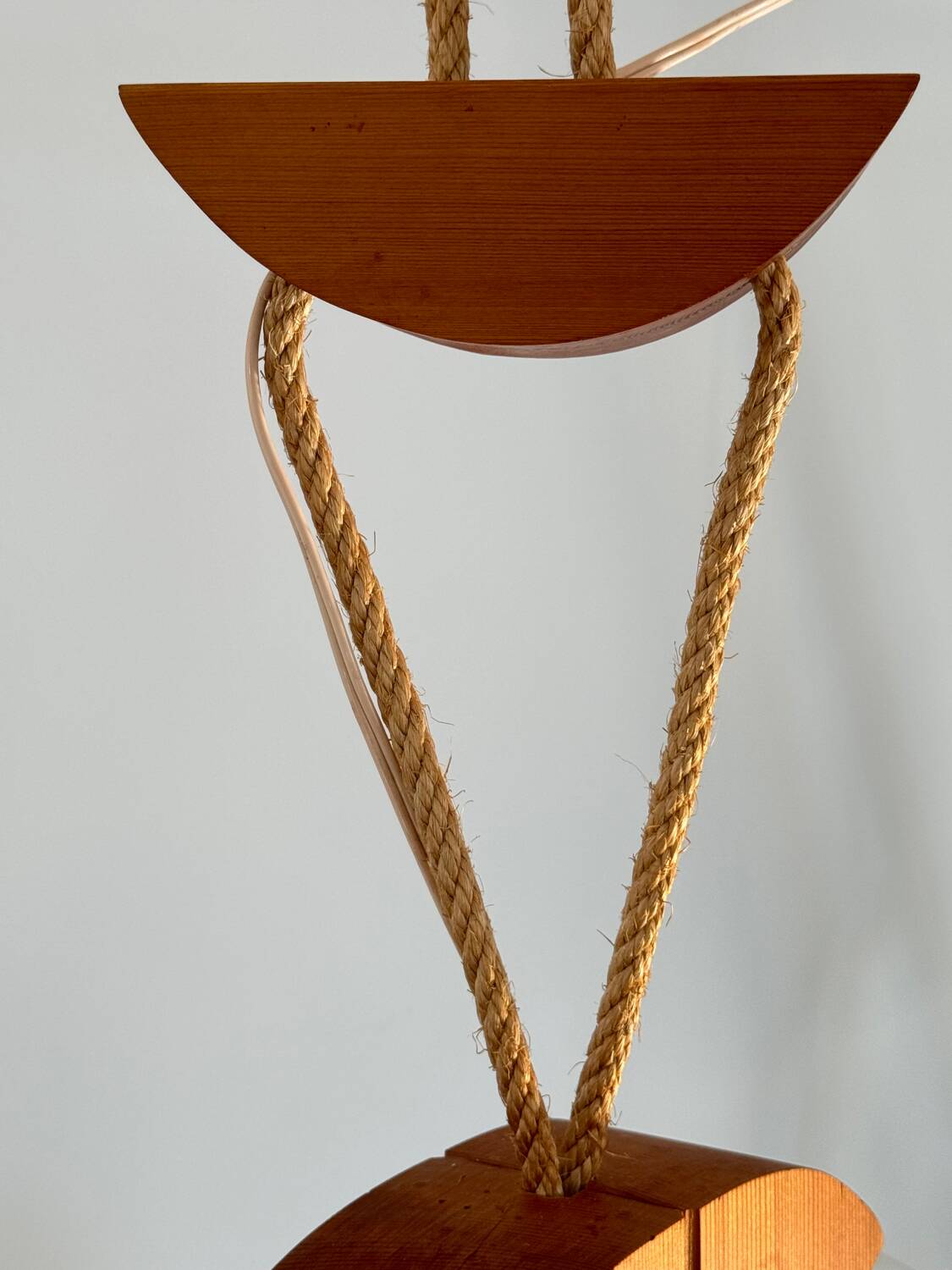 Scandinavian design chandelier pendant, rope, opaline and pine, from the 1980s