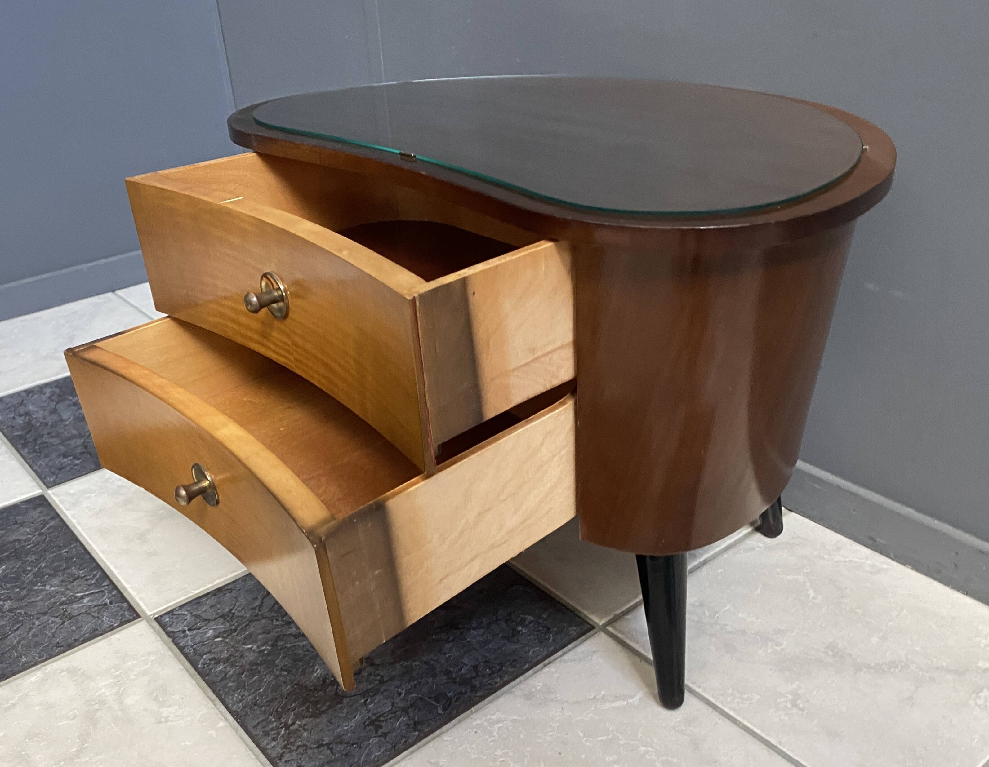 small kidney shaped cabinet with glass on top 1960s