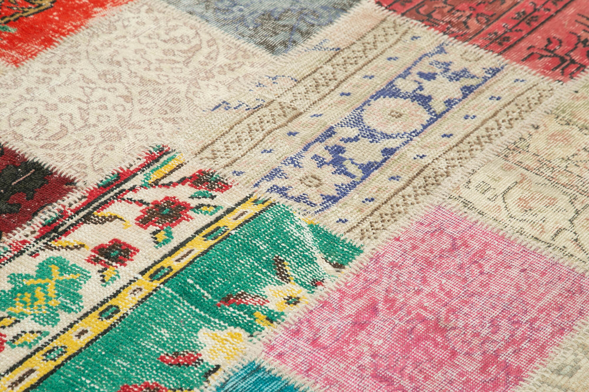 Handmade anatolian overdyed 204 cm x 296 cm multicolor patchwork carpet